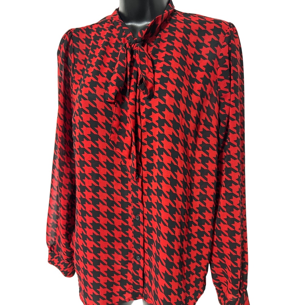 Forever 21 Houndstooth Blouse, Red and‎ Black, Tie Neck, Long Sleeve, Medium